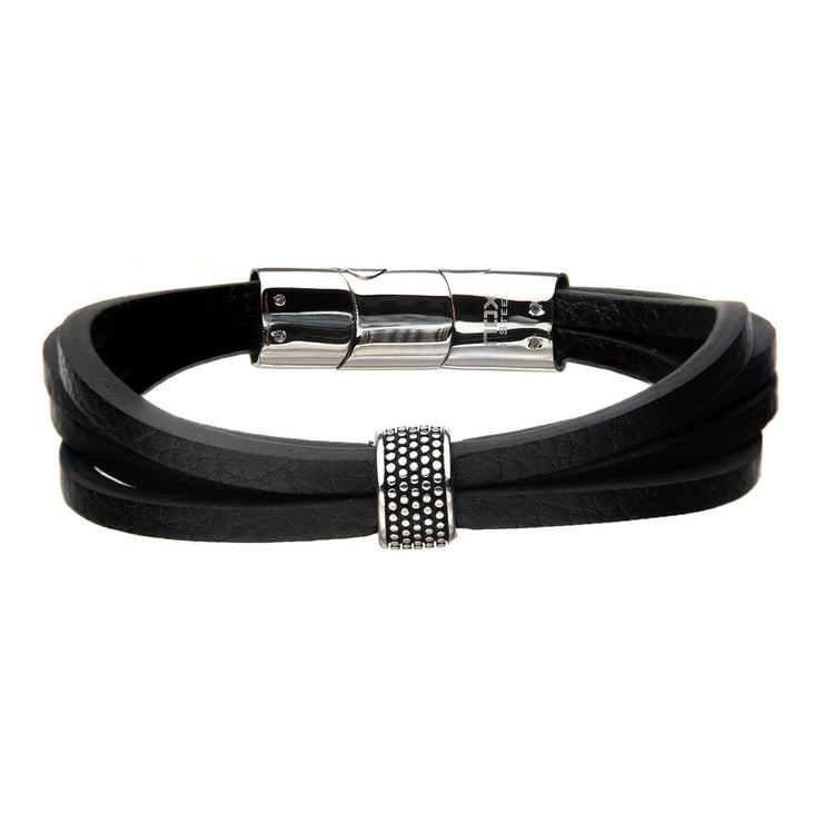 Stainless Steel Wrap Around  Style Black Leather Station Bracelet