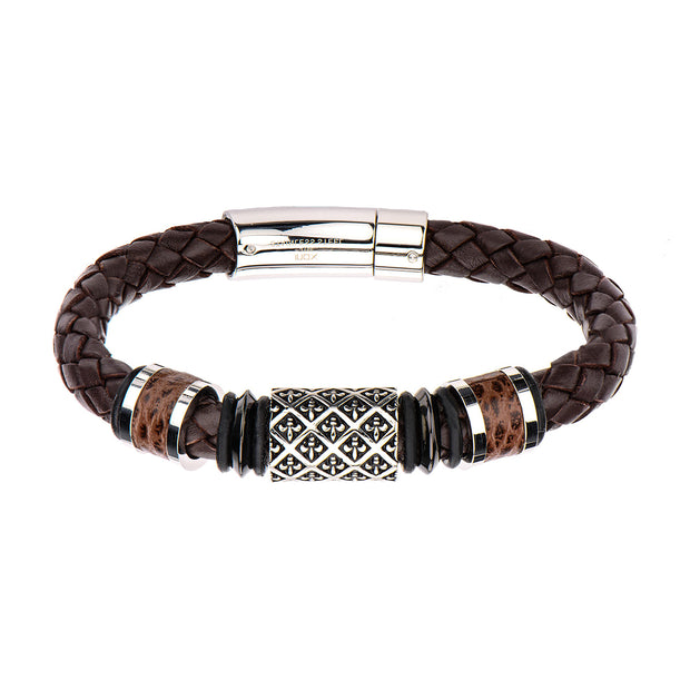 Fleur De Lis Brown Braided Full Grain Cowhide Leather Bracelet