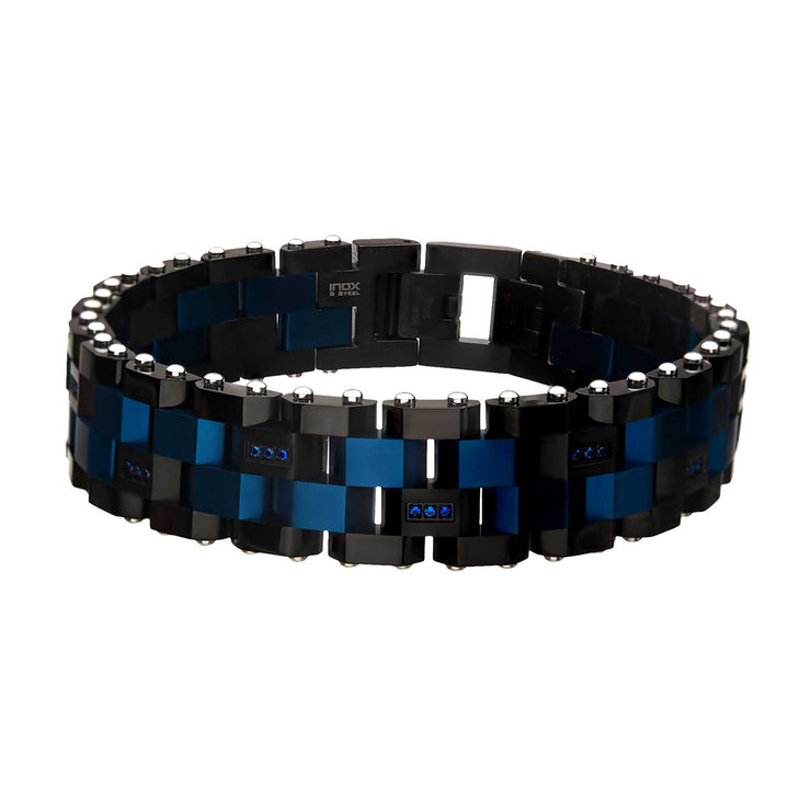 Blue & Black IP with 36pcs CNC Prong Set Blue AAA CZ Link Bracelet