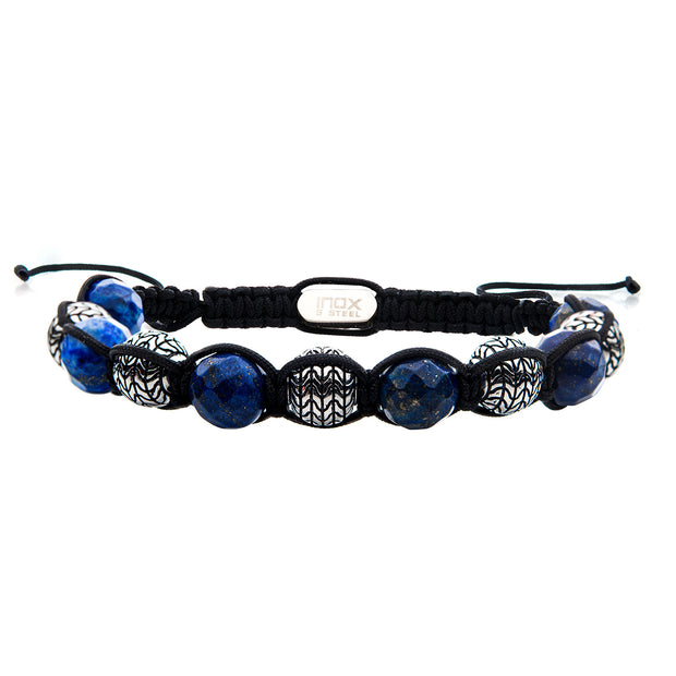 Stainless Steel & Lapis Stone Bead Adjustable Braided Bracelet