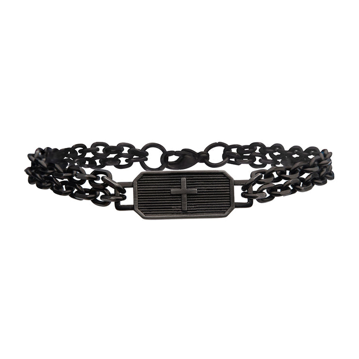 Gun Metal IP Cross ID with Double Chain Link Bracelet