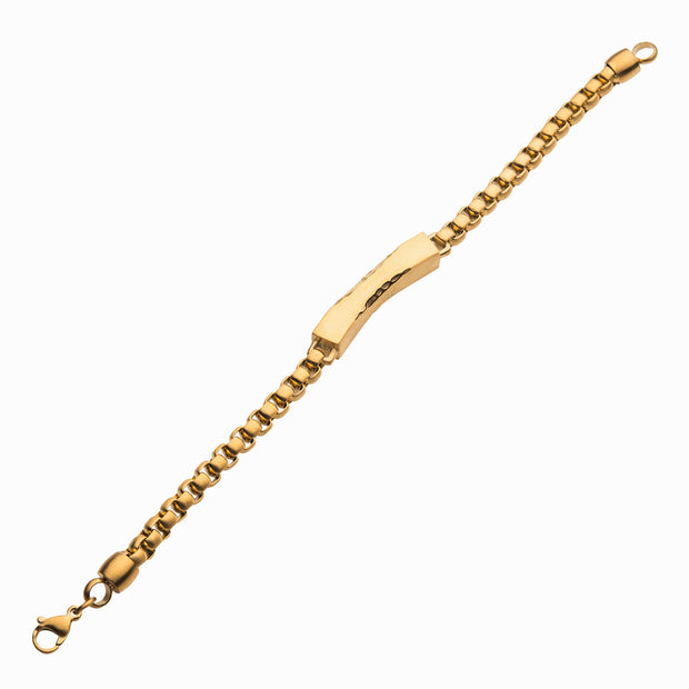 Matte 18Kt Gold IP Chiseled Engravable Drop with Bold Box Chain Bracelet