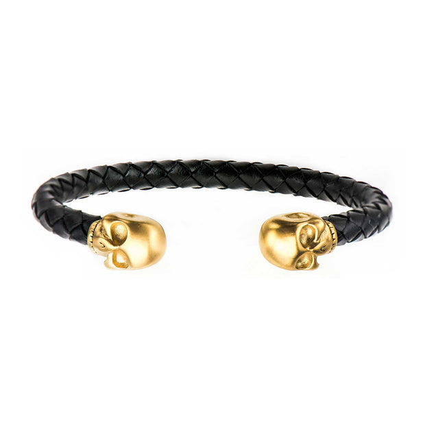 Black Leather with Gold IP Skull Cuff Bracelet