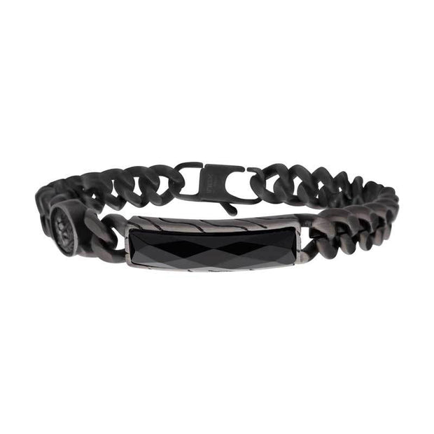 Matte Finish Gun Metal IP with African Lion Sigil & Faceted Black Agate Stone Curb Chain Bracelet