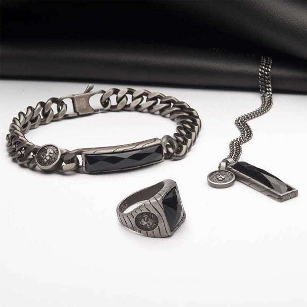 Matte Finish Gun Metal IP with African Lion Sigil & Faceted Black Agate Stone Curb Chain Bracelet