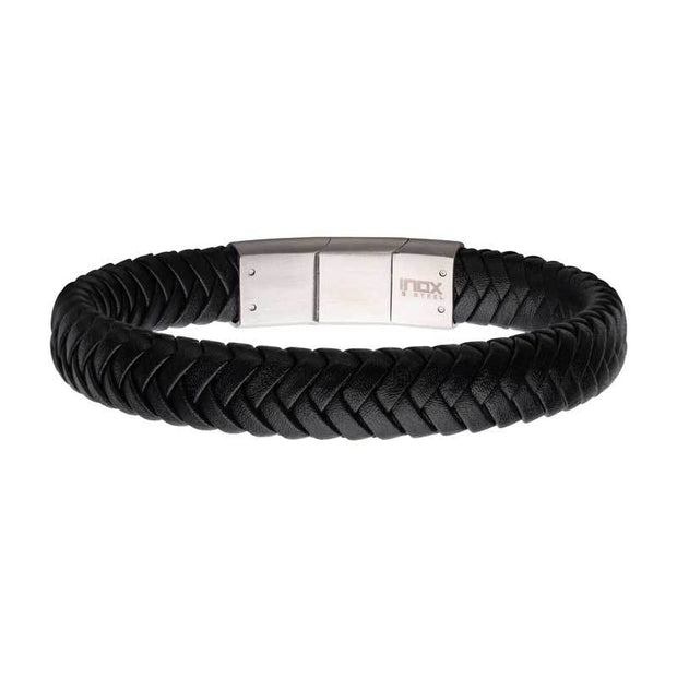 Two Tone Black Braided Genuine Leather Bracelet