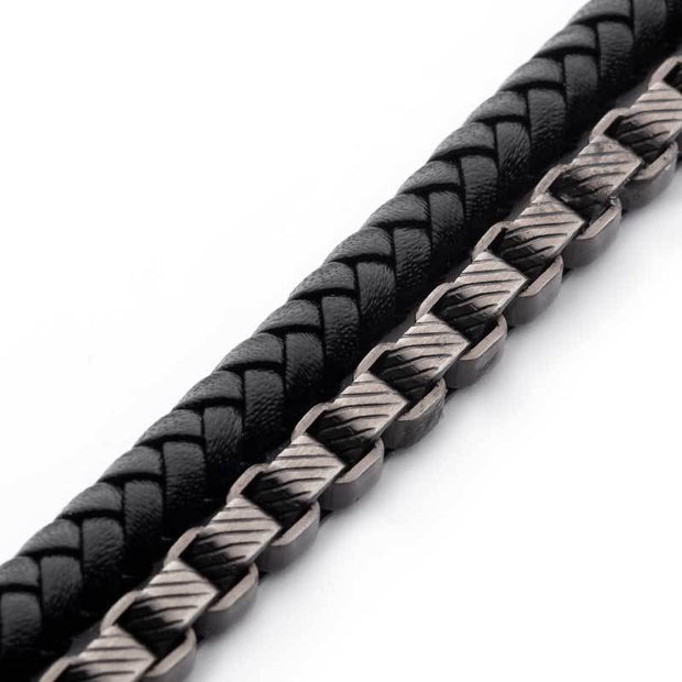 Multi Strand Leather & Stainless Steel Box Chain Stacking Duo Bracelet