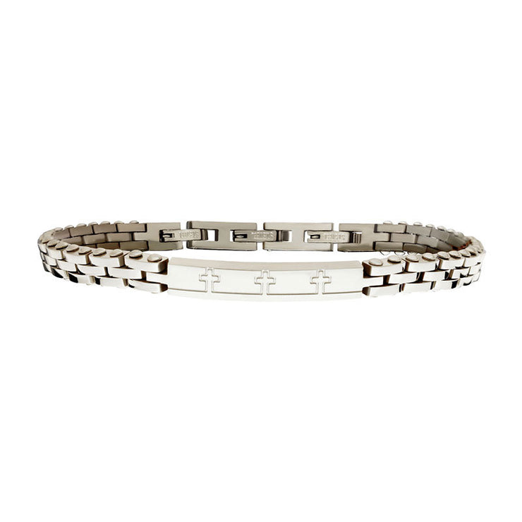 Trim Cut with Etched Cross Steel Bracelet