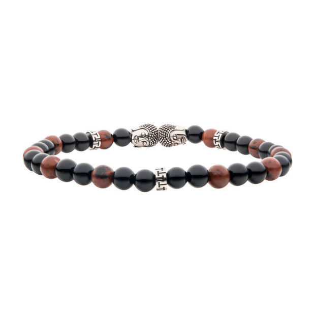 Steel Buddha Head Beads with Genuine Mahogany Obsidian Stone Beads