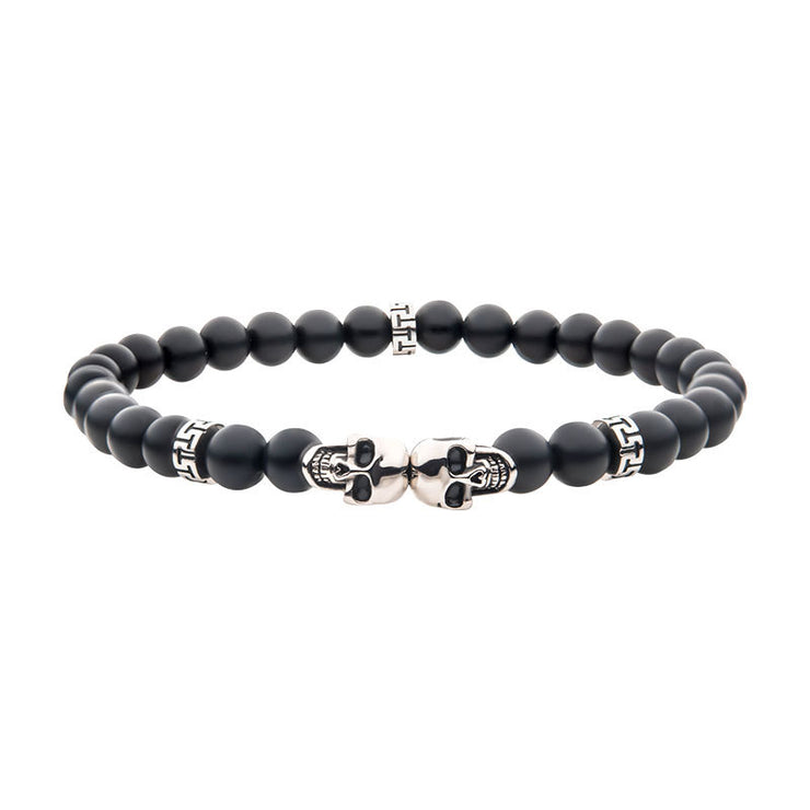 Steel Skull Beads with Genuine Black Agate Stone Beads