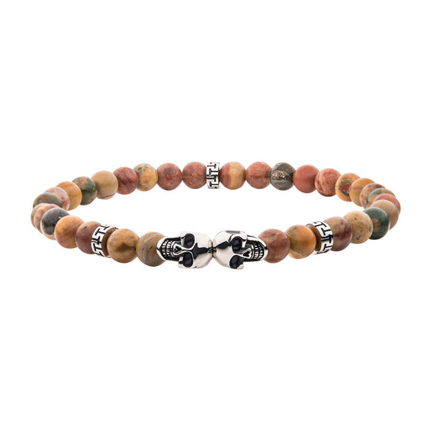 Steel Skull Beads with Genuine Fossil Jasper Stone Beads