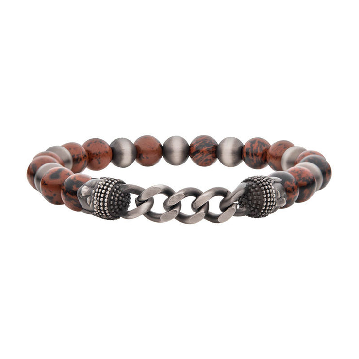 Gun Metal IP Buddha Curb Chain with Genuine Mahogany Obsidian Stone Beads