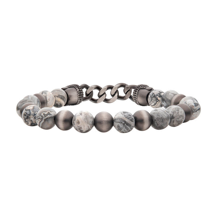 Gun Metal IP Buddha Curb Chain with Genuine Grey Jasper Stone Beads