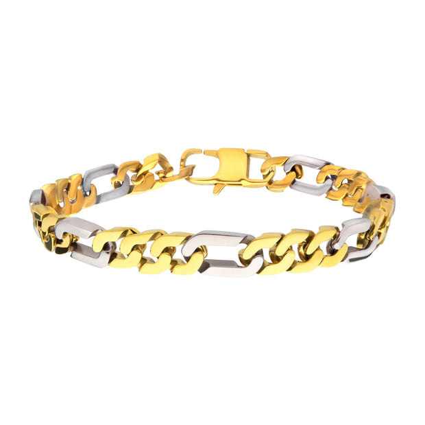 18Kt Gold IP Stainless Steel 8mm Beveled Figaro Chain Two-tone Bracelet