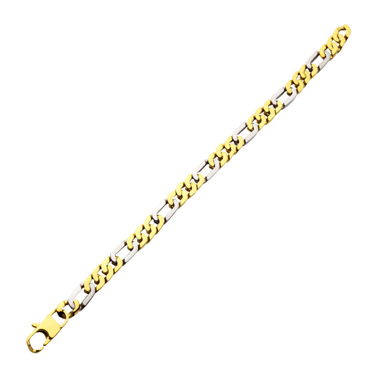 18Kt Gold IP Stainless Steel 8mm Beveled Figaro Chain Two-tone Bracelet