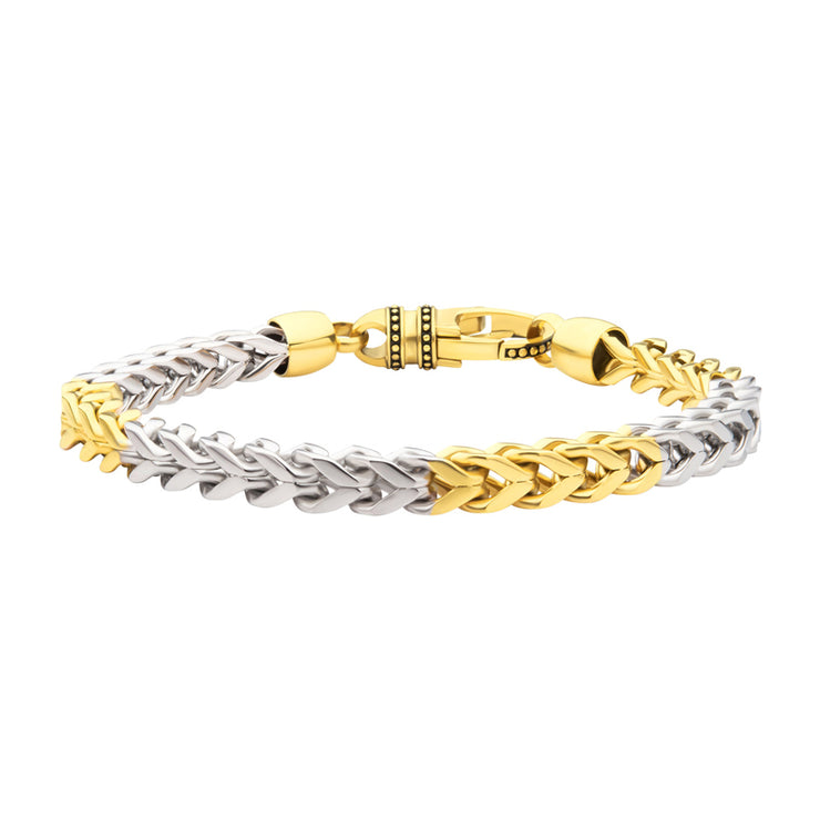 5.75mm 18Kt Gold IP Steel Franco Chain Two-tone Bracelet with Ornate Clasp