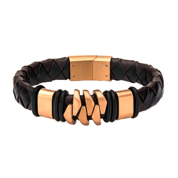 Rose Gold IP & Brown Leather Bohemian Bracelet