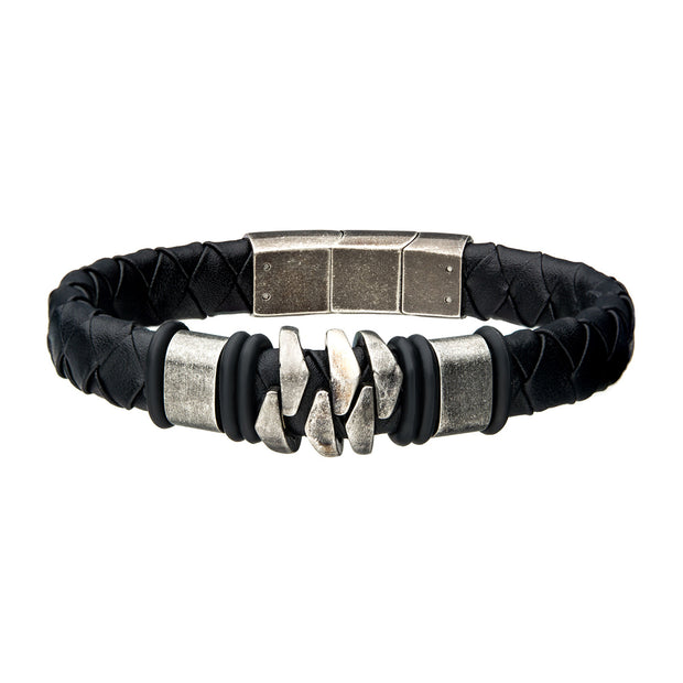 Steel & Gun Metal Black Leather Bohemian Bracelet