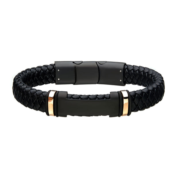 Black Leather with Rose Gold IP ID Bracelet