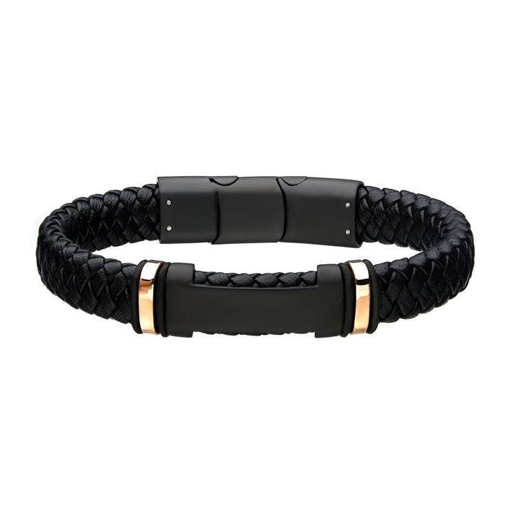 Black Leather with Rose Gold IP ID Bracelet