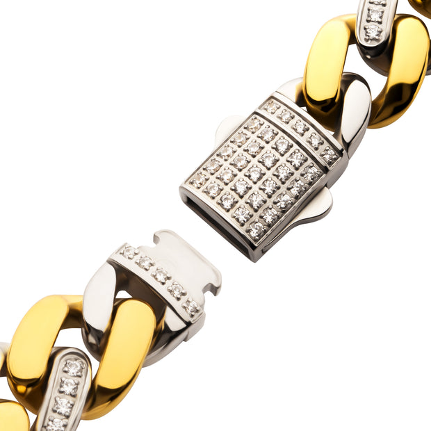 18Kt Gold IP Stainless Steel Two-Tone Miami Cuban Chain Bracelet, Steel Links with CNC Precision Set Cubic Zirconia