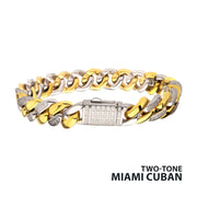 18Kt Gold IP Stainless Steel Two-Tone Miami Cuban Chain Bracelet, Steel Links with CNC Precision Set Cubic Zirconia