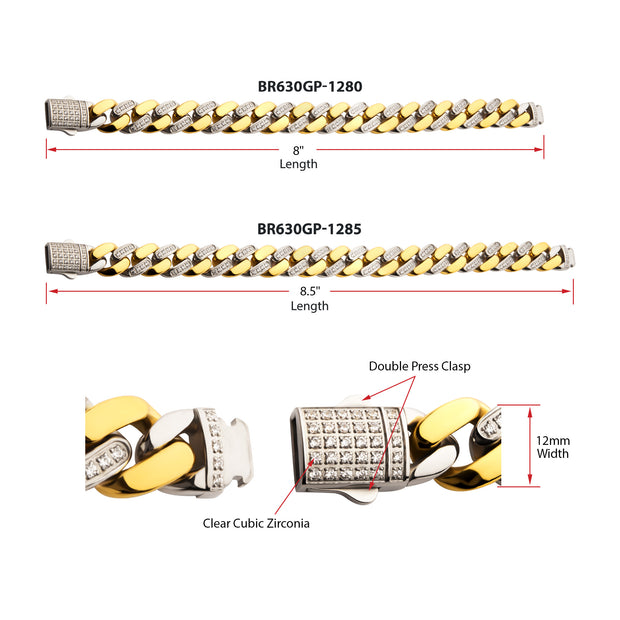 18Kt Gold IP Stainless Steel Two-Tone Miami Cuban Chain Bracelet, Steel Links with CNC Precision Set Cubic Zirconia