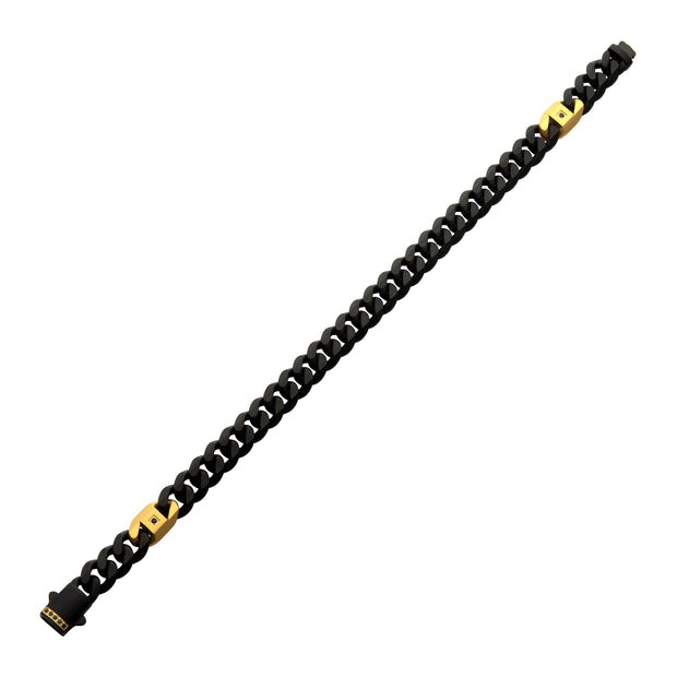 8mm Black IP Steel Matte Finish Miami Cuban Chain Bracelet with Genuine Black Sapphire Gem