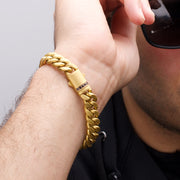 10mm 18Kt Gold IP Steel Matte Finish Miami Cuban Chain Bracelet with Genuine Black Sapphire