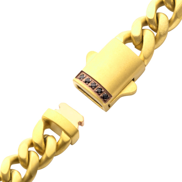 6mm 18Kt Gold IP Steel Matte Finish Miami Cuban Chain Bracelet with Genuine Black Sapphire