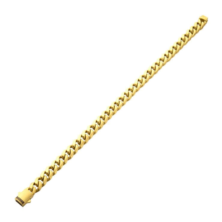 8mm 18Kt Gold IP Steel Matte Finish Miami Cuban Chain Bracelet with Genuine Black Sapphire