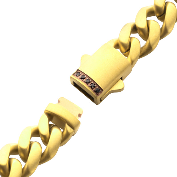 8mm 18Kt Gold IP Steel Matte Finish Miami Cuban Chain Bracelet with Genuine Black Sapphire