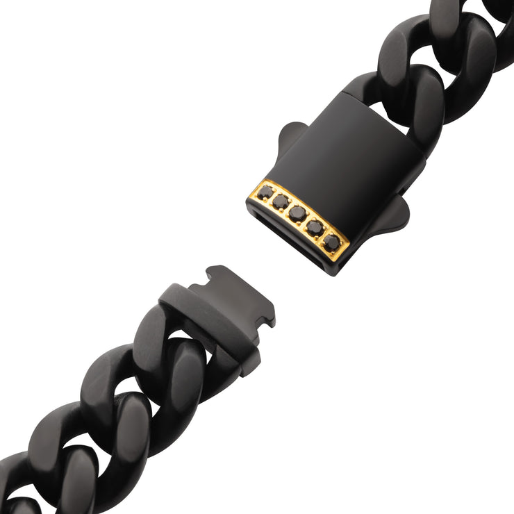 10mm Black IP Steel Matte Finish Miami Cuban Chain Bracelet with 1.6mm Genuine Black Sapphire Gem