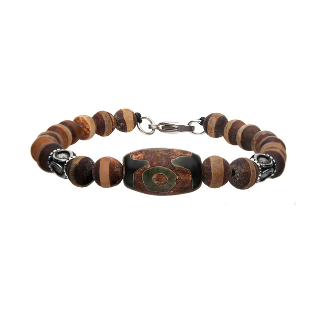 Dzi Tibetan Bead, Frost Stripe Brown Agate Stone & Steel Amulet Ornaments Bracelet with Steel Lobster Clasp