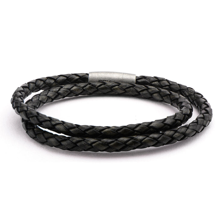 Double Round Black Braided Italian Antique Leather Bracelet