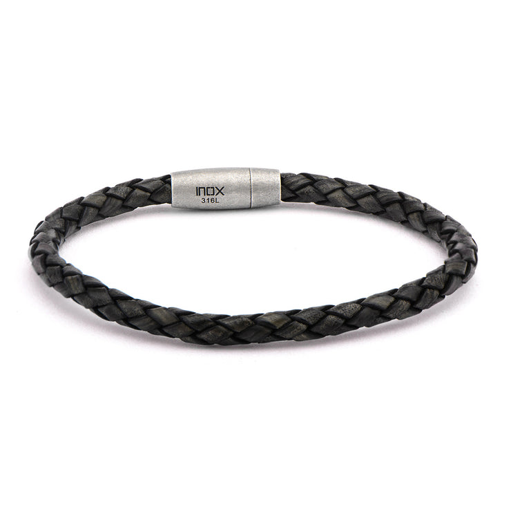 Single Round Black Braided Italian Antique Leather Bracelet