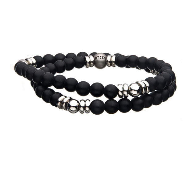 Double Wrap 6mm Matte Onyx & Steel Bead Bracelet