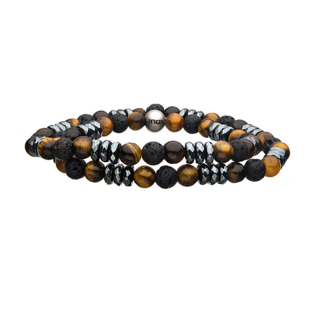 Double Wrap 6mm Lava, Tiger-Eye & Hematite Stones Bracelet