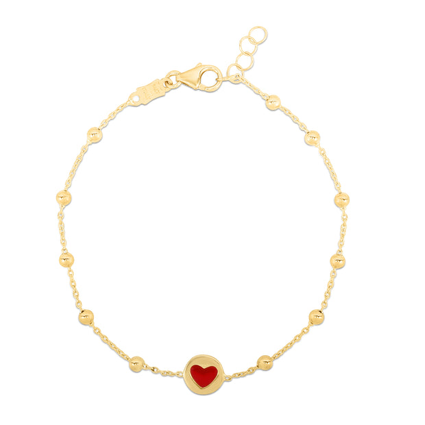 14K Gold Red Heart and Bead Bracelet