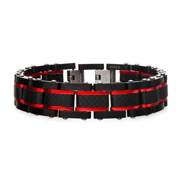 Dante - Black & Red Steel Matte  Carbon Fiber & Link Sizeable Bracelet