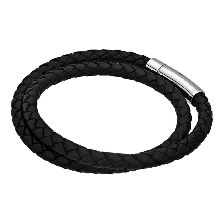 Double Round Black Braided Genuine Full Grain Cowhide Leather Bracelet