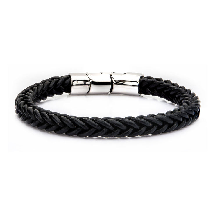 Black Leather & Stainless Steel Magnetic Clasp Bracelet