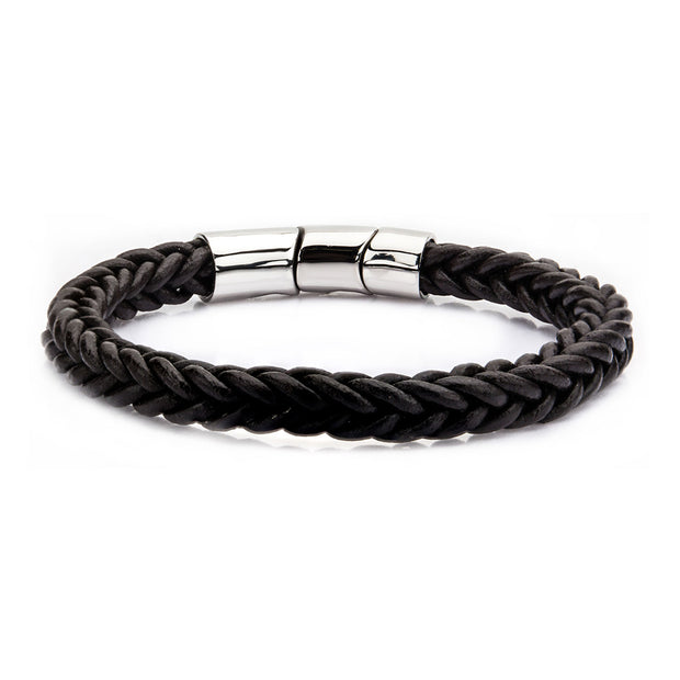 Brown Leather & Stainless Steel Magnetic Clasp Bracelet