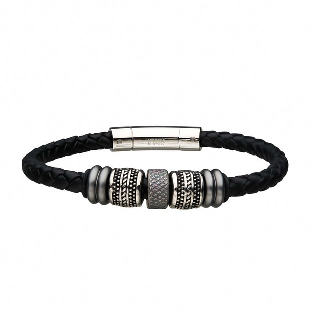 Black Braided Full Grain Cowhide Leather with Steel Beads Bracelet