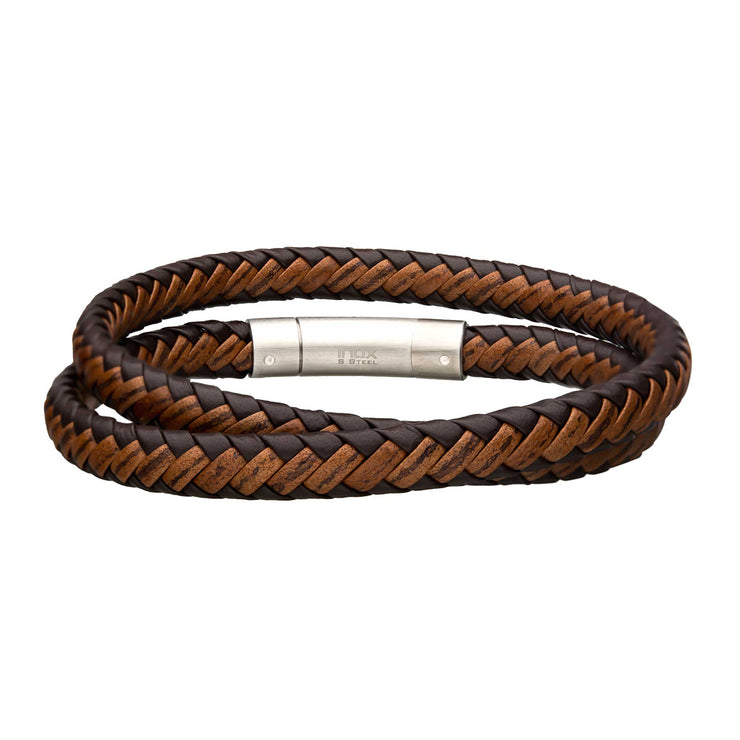 Dark & Light Brown Double Round Full Grain Cowhide Leather Bracelet