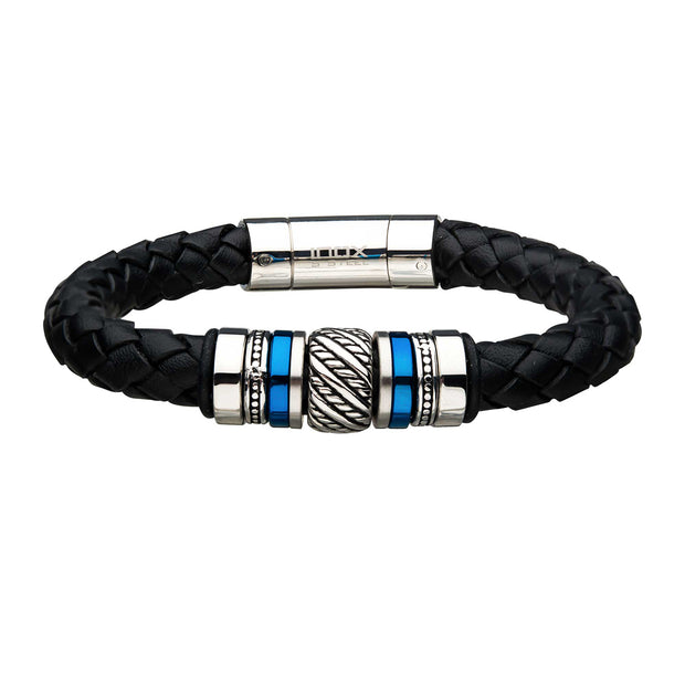 Black Braided Full Grain Cowhide Leather with Steel & Blue IP Beads Bracelet