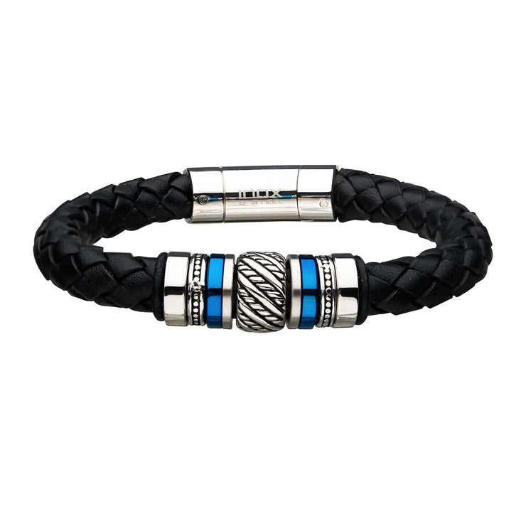 Black Braided Full Grain Cowhide Leather with Steel & Blue IP Beads Bracelet