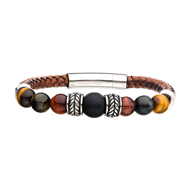 Brown Genuine Full Grain Cowhide Leather with Steel,Tiger Eye & Black Onyx Bead Bracelet