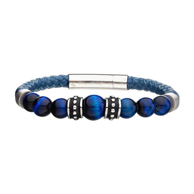 Blue Genuine Full Grain Cowhide Leather with Steel & Blue Tiger Eye Beads Bracelet