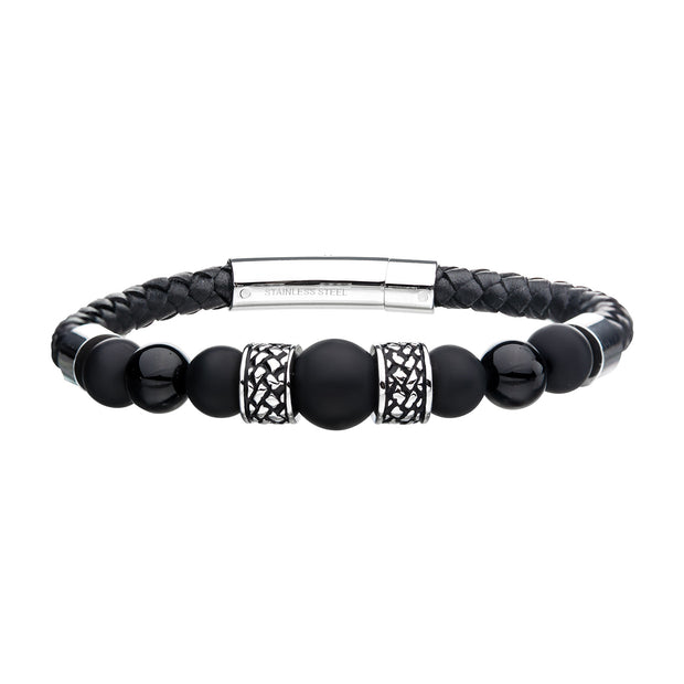 Black Full Grain Cowhide Leather Bracelet with Black Onyx Beads